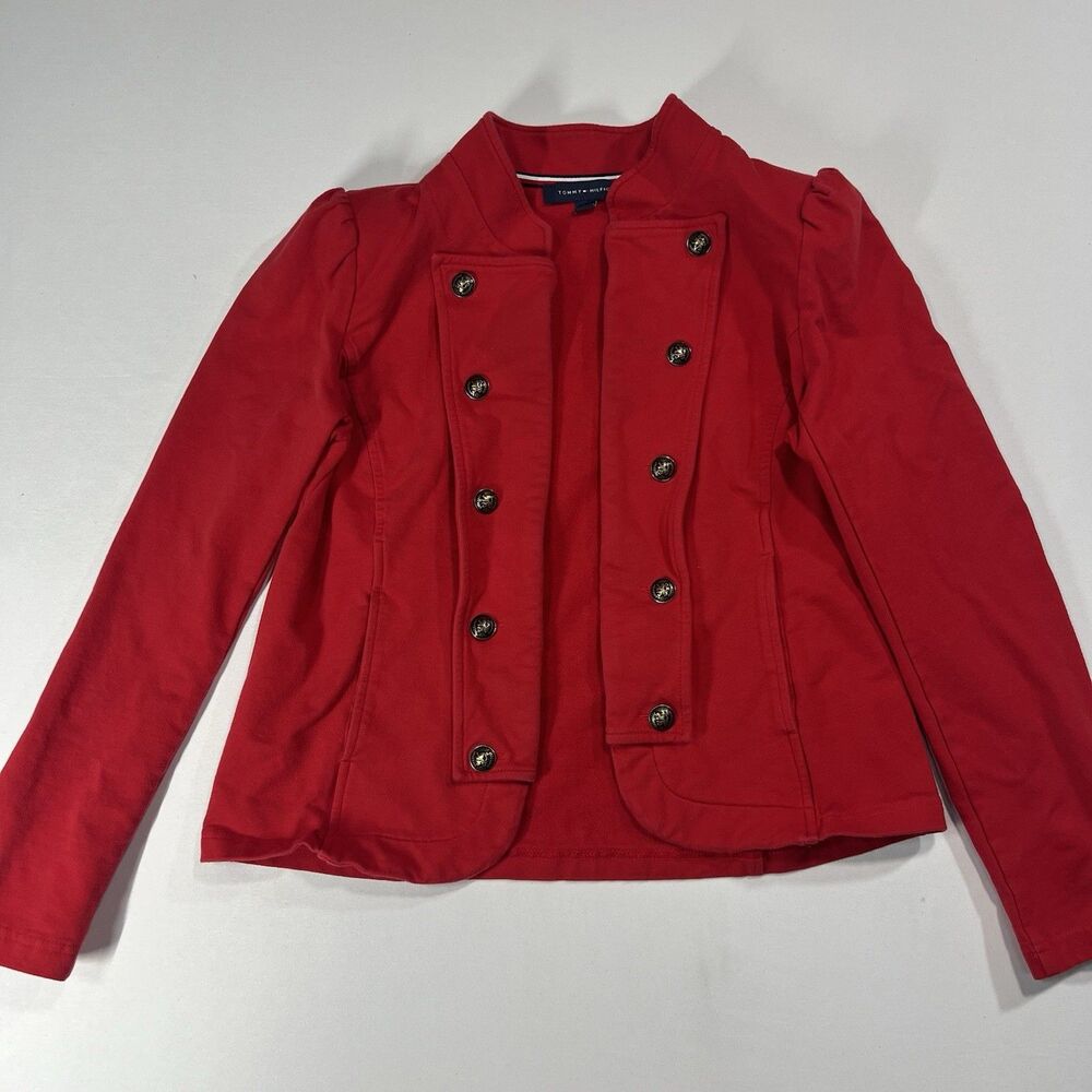 Tommy Hilfiger Red Knit Military Band Jacket Blazer Gold Lion Crest Buttons M